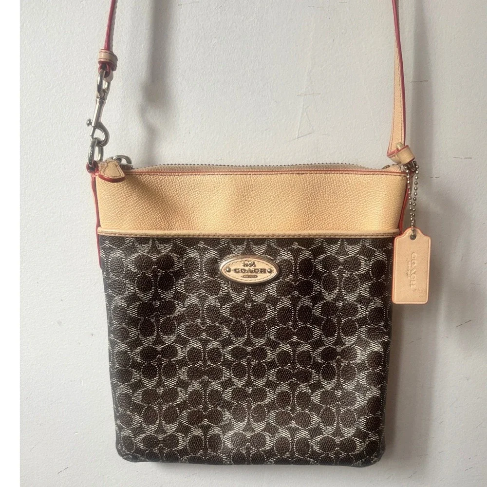 Vintage Coach Courier Crossbody Bag Signature Monogram Tan Leather Brown 53006